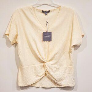 MARLED REUNITED Ivory Front Twisted Hi Lo Top V Neck Poly / Cotton Blend Gauzy M